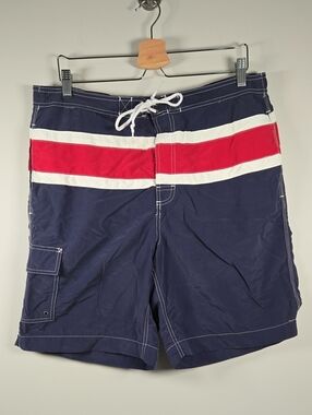 Chaps Navy Board Shorts with Red & White Stripe Band